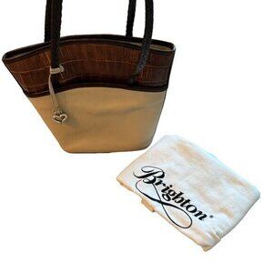 Brighton Bucket Bag‎ Purse Handbag Vintage 90's Creme Brown Dustbag Leather Croc